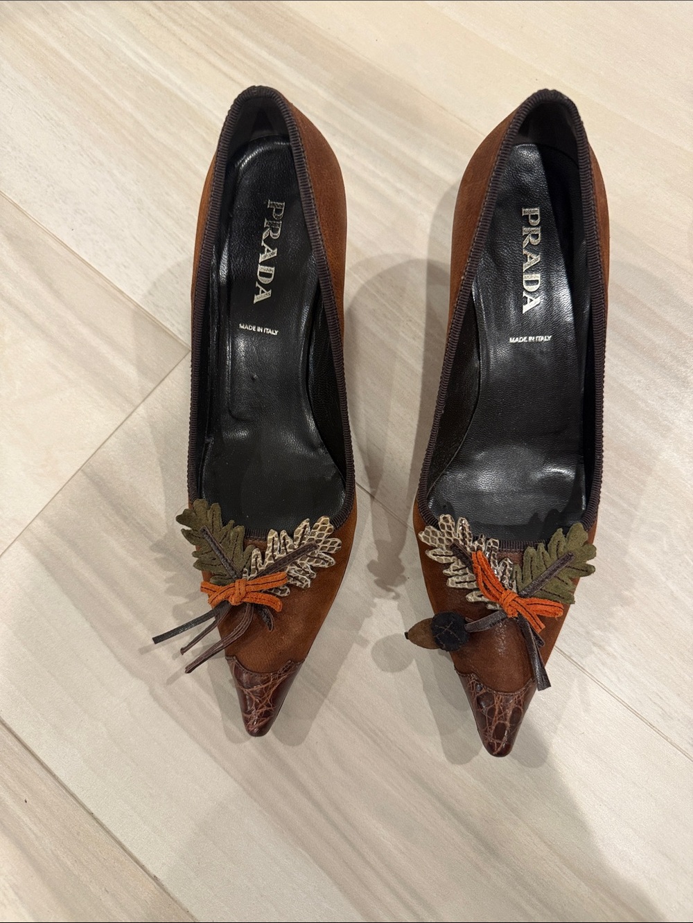 Prada Brown Suede Pointed Toe Heels with Embroidered Leaf Detail